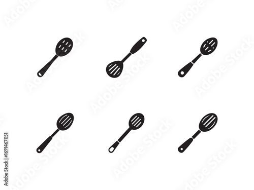 Collection of Slotted Spoon Variations for Cooking and Culinary Arts in Black Silhouette on White Background Ideal for Design Elements