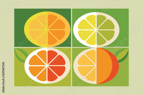Vibrant slices of citrus fruits including oranges and lemons arranged in a grid pattern
