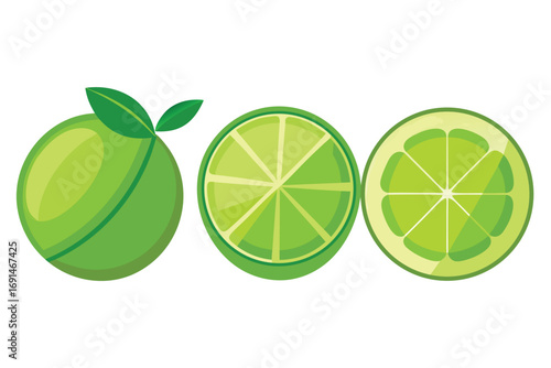 Fresh whole lime and two sliced limes showing juicy pulp and seeds on white background