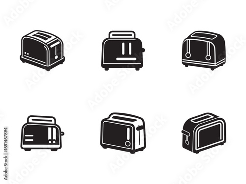 Collection of toaster icons in various designs perfect for kitchen appliance themes and breakfast food illustrations showing modern and retro styles