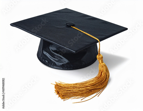 Realistic image of a black graduation cap with a gold tassel and a subtle shadow