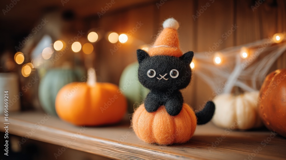 Obraz premium Cute Halloween Decoration Featuring a Black Cat on a Pumpkin with Bokeh Lights