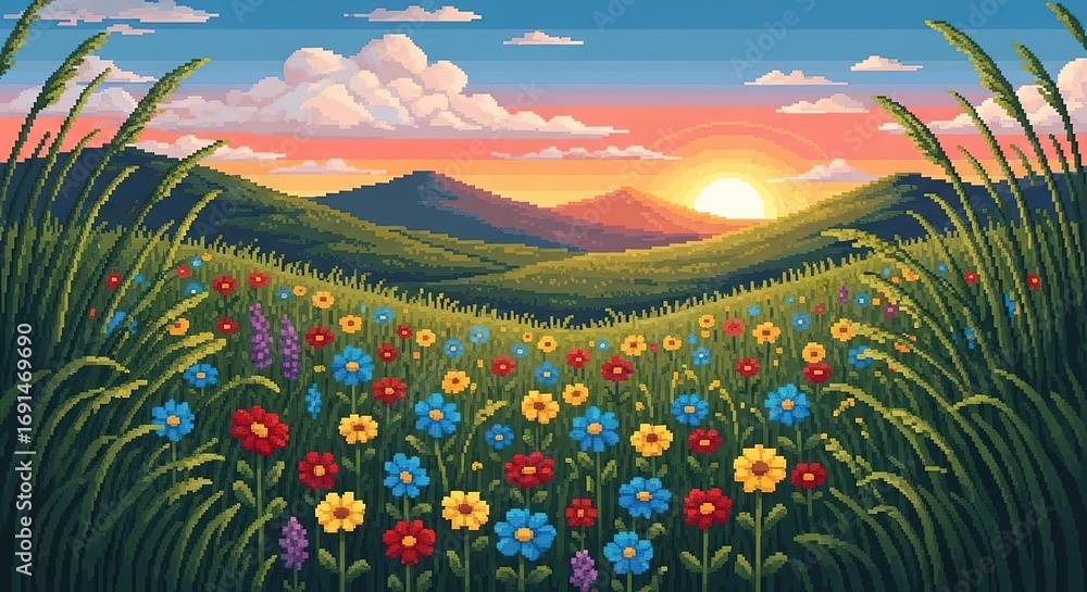 Fototapeta premium Pixelated Meadow: Vibrant Flowers at Sunset with Rolling Hills a