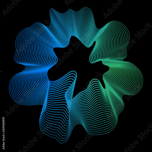 Minimal colorful abstract form in black background. Forma colorida abstracta con lineas.