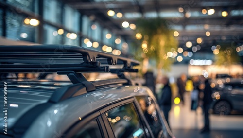 Close-up of car roof rack in a large exhibition hall