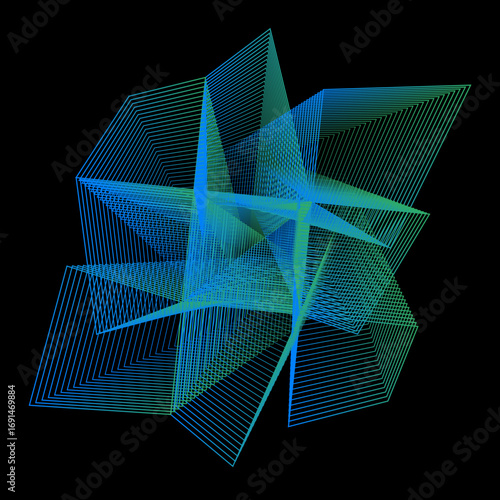 Minimal colorful abstract form in black background. Forma colorida abstracta con lineas.