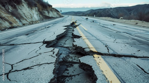 Highway split apart by earthquake, broken asphalt, tilted ground, natural disaster concept.