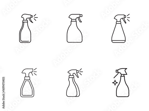 Diverse Set of Cleaning Spray Bottle Icons on White Background For Surface Sanitization and Protection