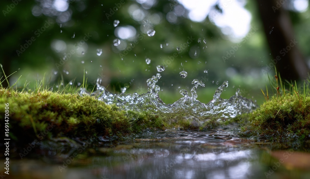 Fototapeta premium Water splash on moss-covered ground (1)