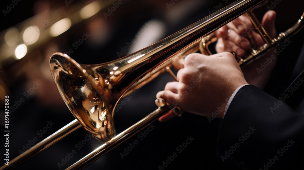 Obraz premium Orchestral Brass Instrument Performance: Close-Up of Trombone Player in Concert, Showcasing Musical Artistry and Classical Music