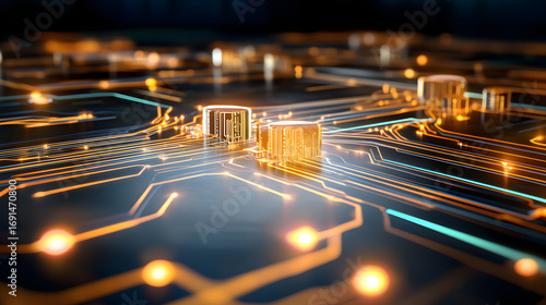 Glowing circuit high tech digital network microchip neon line electronic board abstract futuristic data flow gold light Intricate glowing circuit electronic board with microchip detail