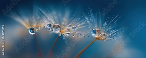 Delicate dandelion seed heads, adorned with water droplets, against a soft blue backdrop