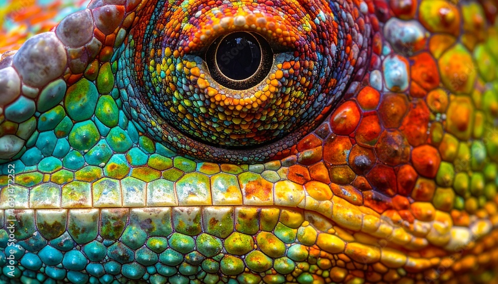 Fototapeta premium Intricate macro close-up of a chameleon's mesmerizing eye, revealing its vibrant, textured skin-scales and a breathtaking spectrum of natural colors
