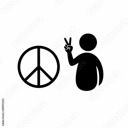Human figure making a peace gesture next to a peace symbol icon.