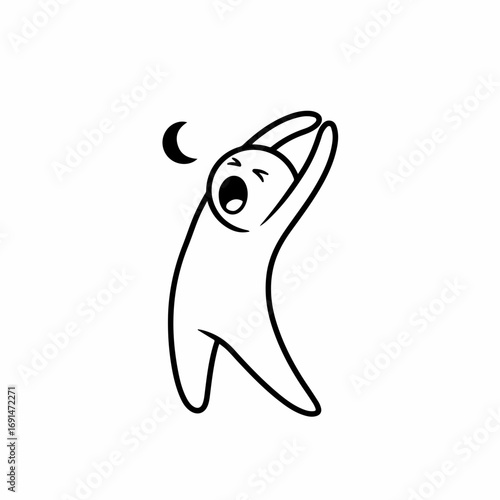 Cute cartoon rabbit yawning and stretching at night.