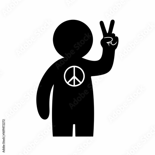 Human silhouette with peace symbol on chest and V sign hand gesture.