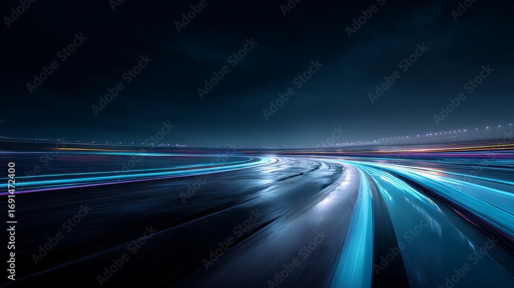 Obraz premium Blurred light trails on a road at night showing high speed movement