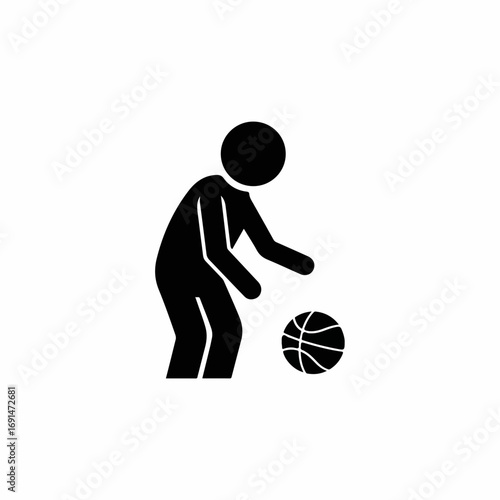 Simple black silhouette icon of a person dribbling a basketball.