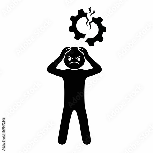 Stressed stick figure icon with a broken gear symbol.