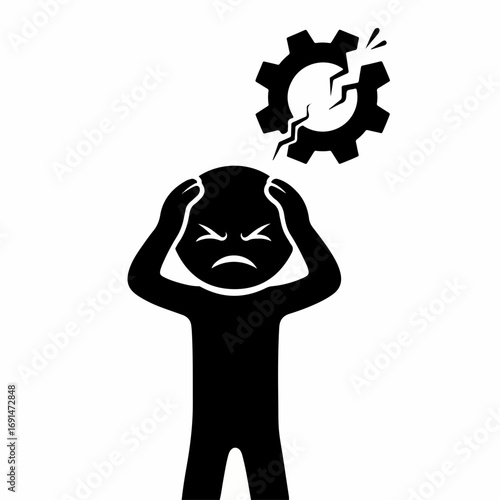 Stressed stick figure with a broken gear symbolizing mental breakdown or burnout.