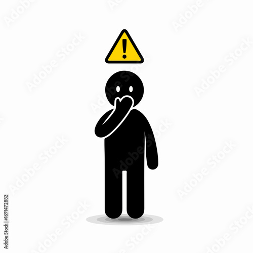 Warning sign above a shocked stick figure person icon.