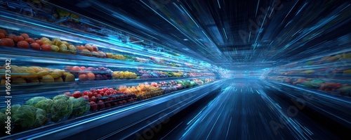 Grocery store aisle with vibrant produce, highlighted by digital speed lines
