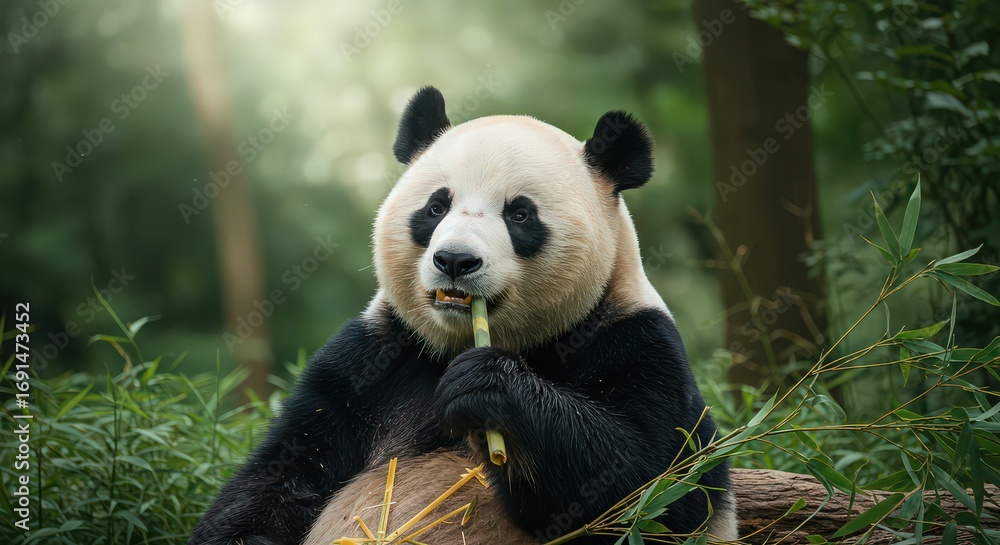 Fototapeta premium A giant panda is eating bamboo shoots in a forest with sunlight shining through the trees