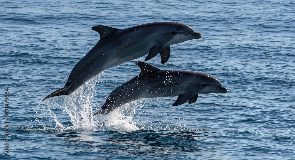 Fototapeta premium Two dolphins leaping out of the water in a synchronized display of aquatic grace and power in the ocean