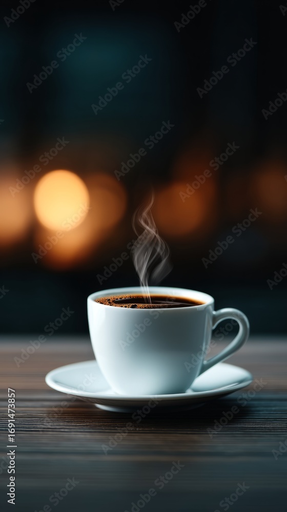 Obraz premium A steaming cup of black coffee on a wooden table