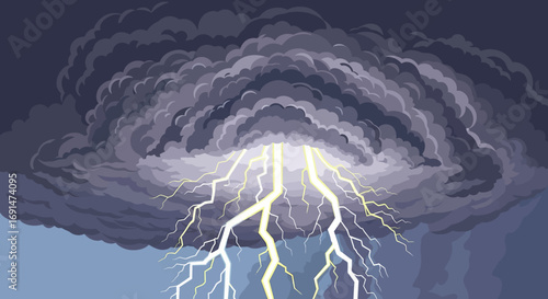 Dramatic Storm Clouds with Bright Lightning Bolts Striking Downward