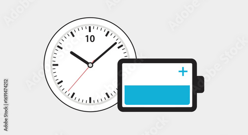Minimalist flat design clock showing 10 o'clock next to a partially charged battery icon with blue fill.