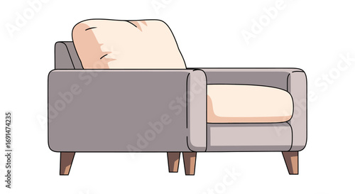 Cartoon Illustration of a Modern Gray Armchair with Beige Cushions