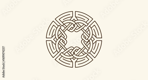 Elegant Circular Celtic Knotwork Ornament with Symmetrical Interlaced Lines and a Central Star