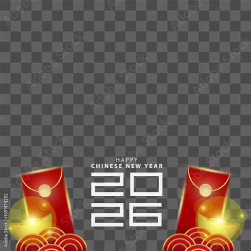 Happy Chinese New Year 2026 with lunar elements, red envelopes and blank background
