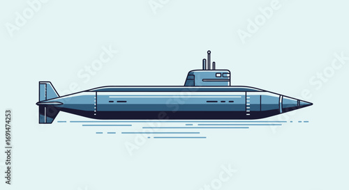 Sleek Blue Submarine with Distinctive Conical Nose and Vertical Stabilizer