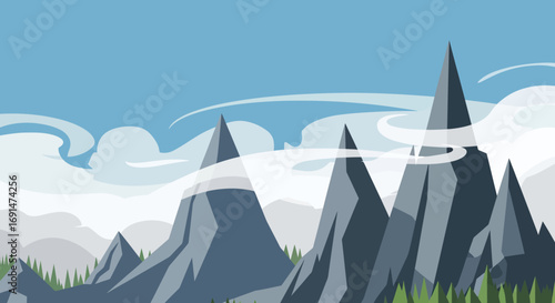 Stylized Mountain Range with Cloudscape