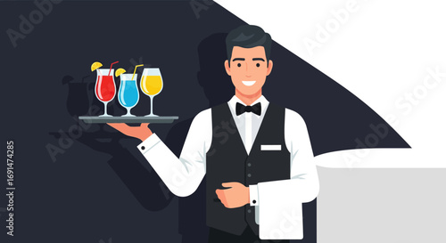 Smiling Waiter Holding Tray with Colorful Cocktails and Napkin