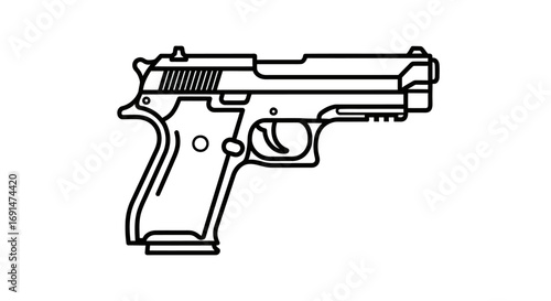 Black outline handgun icon, detailed pistol illustration with visible trigger, grip, and slide, simple vector art