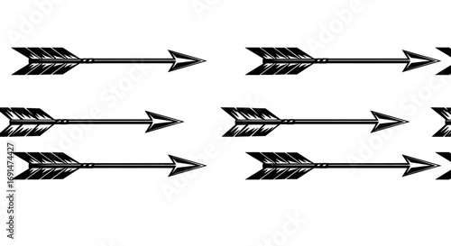 Stylized Black Arrows with Feathered Fletching and Sharp Arrowheads