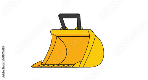 Isolated yellow excavator bucket with a toothed edge and black handle, front view vector illustration.