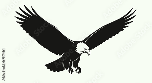 Majestic bald eagle in a dynamic swooping pose, a powerful black and white graphic illustration with spread wings and fierce expression.