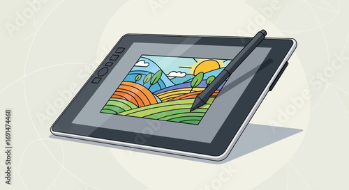 Digital Drawing Tablet with Stylus and Landscape Illustration on Screen