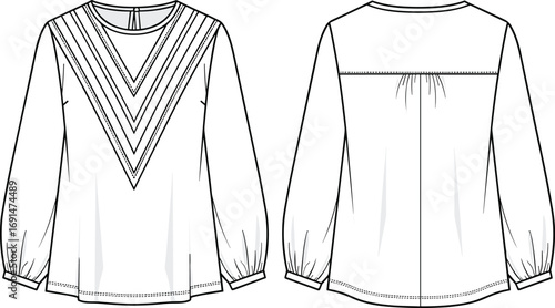 CAD drawing flat vector illustration, layered pleated blouse design, V-line front detail, puffed sleeve style, gathered back volume
