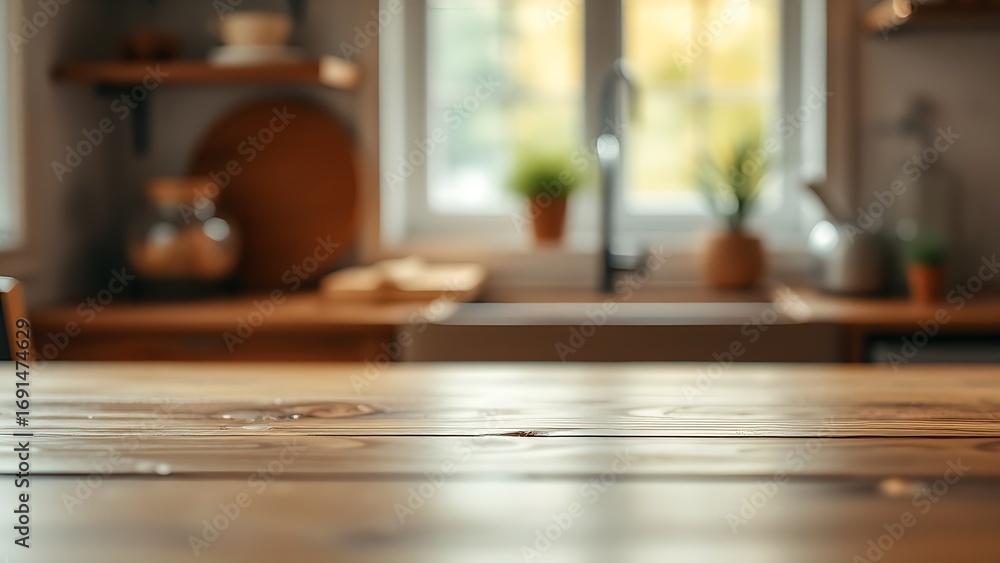Fototapeta premium Close-up of a wooden table with soft bokeh in the background, evoking a warm and simple aesthetic.
