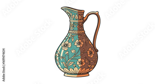 A decorative ceramic ewer with elegant floral patterns and a split-tone color design.