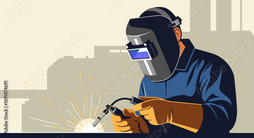 Focused Welder in Protective Gear, Performing Precise Metal Welding