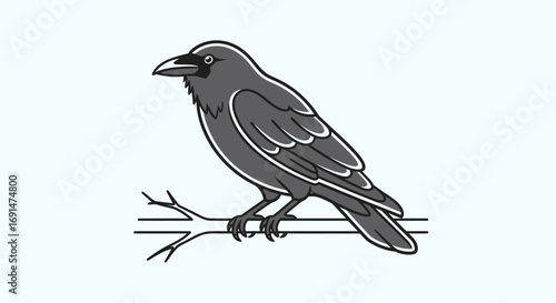 Stylized illustration of a dark gray crow perched on a thin branch