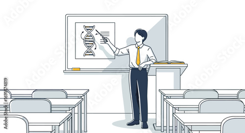 Faceless male teacher with a yellow tie pointing to a DNA diagram on a whiteboard during a biology lesson.