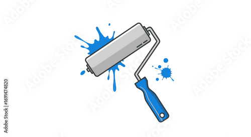 Paint roller illustration with grey cylinder, blue handle, and vibrant blue paint splatters.