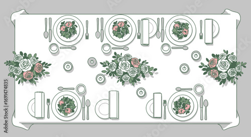 Elegant Table Setting with Floral Centerpieces and Place Settings Illustration
